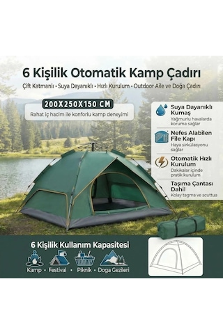 6 Kişilik Otomatik Kamp Çadırı Çift Katmanlı, Suya Dayanıklı, Hızlı Kurulum Outdoor Aile Ve Doğa Çok Renkli
