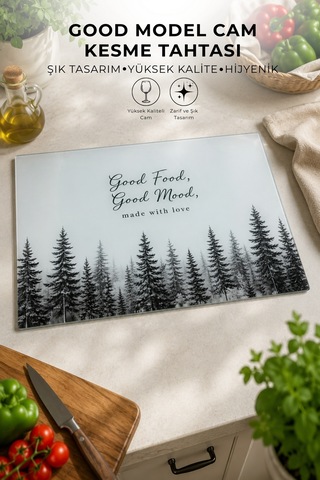Good Mood Desenli Cam Kesim Tahtası - 25x35cm -dayanıklı Ve Pratik Kesim Matı Siyah