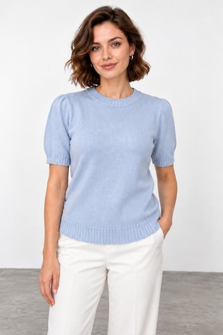 Bihan Store Kadın Simli Sıfır Yaka Kısa Kol Triko Bluz W27-31626 - Mavi