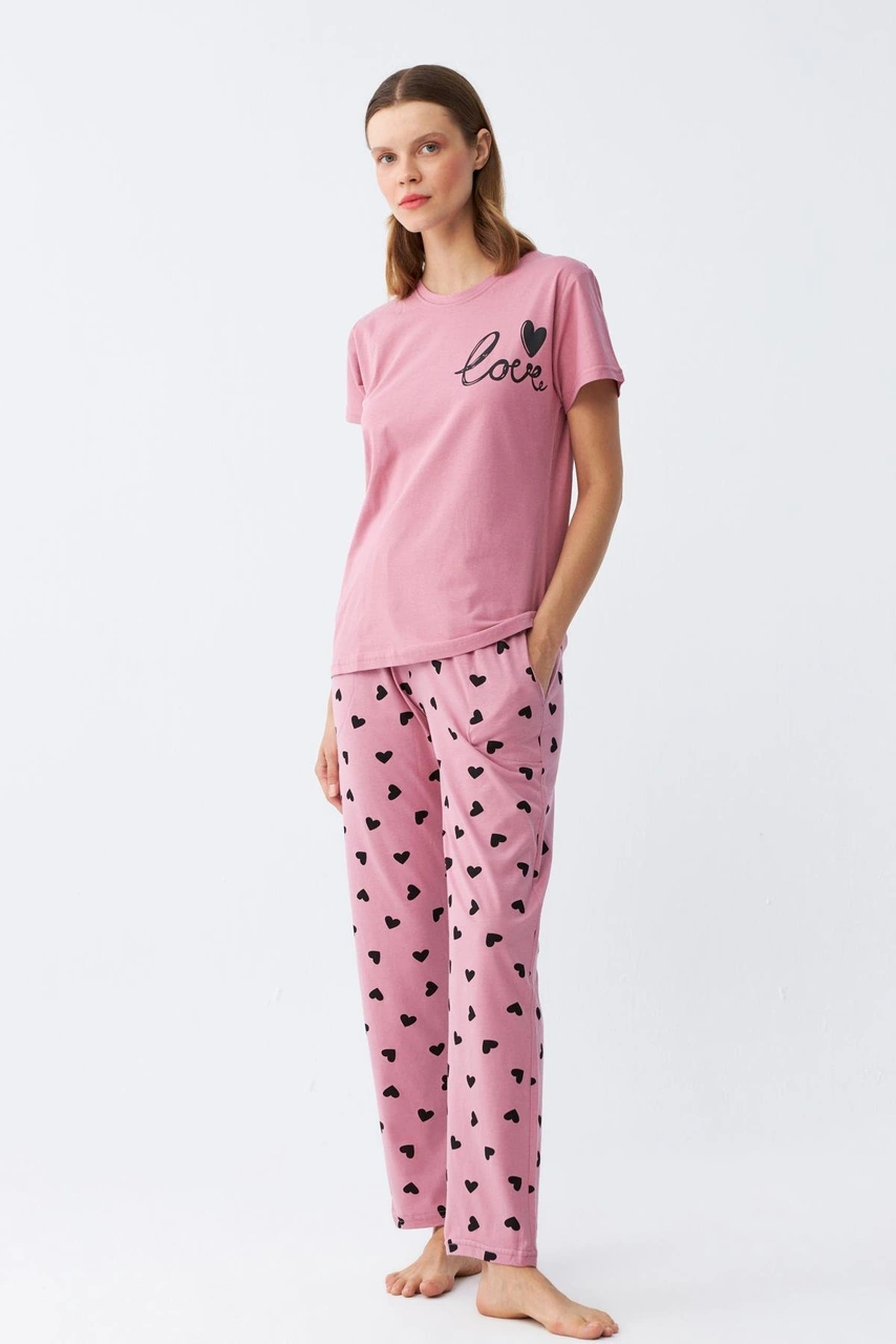 Akbeniz Kadın Somon Kalp Desenli Kısa Kollu Penye Pijama Takımı Pembe