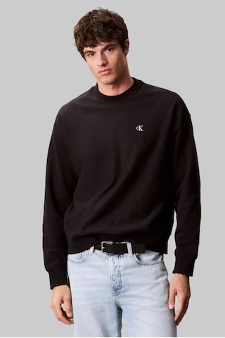 Erkek Bisiklet Yaka Nakış Logolu Sweatshirt - Siyah Black