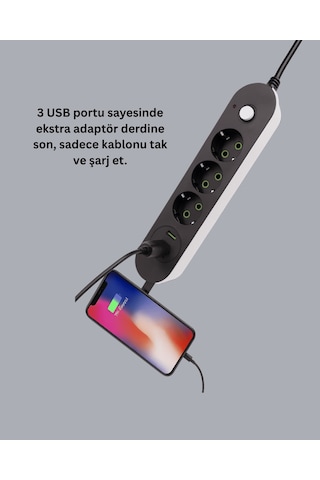 Anahtarlı Üçlü Priz, 3 Usb Çıkışlı Hızlı Şarjlı Standart