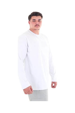 Erkek 115-155 Kilo Arası İçin Uygun Uzun Kol Bisiklet Yaka Mevsimlik Düz Renk İnce Sweatshirt Beyaz