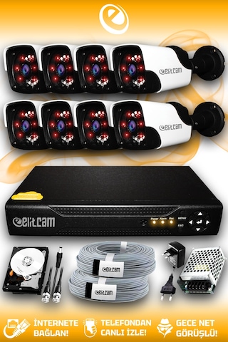 Elitcam 8 Kameralı Panda 8 Dış Kamera Set 1 TB HDD Full HD Gece Görüşlü Güvenlik Kamerası Sistemi