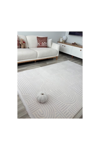 Alize Modern Geometrik Kabartmalı Krem Halı - Saçaklı İskandinav Tarzı Salon Oda Halısı Krem
