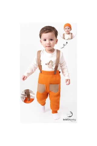 Tiwitibaby Triko Çapraz Askılı Salopet Koala Figürlü Esnek Kaşkorse Badi Bereli Unisex Bebek Takım Turuncu