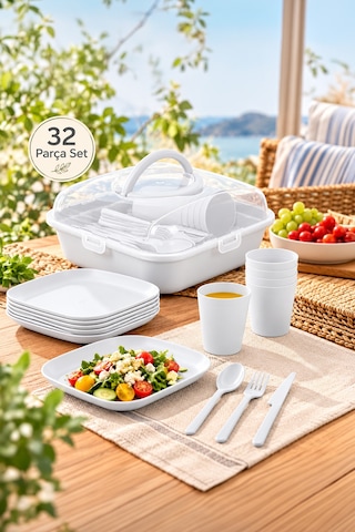 Porsima 0039-2 Karizma 32 Parça 6 Kişilik Pratik Taşınabilir Piknik Seti - Saklama Kutulu Piknik Sepeti Beyaz