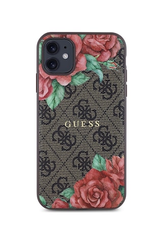 Apple Uyumlu iPhone 11 Kılıf Guess Lisanslı Magsafe Gül Baskılı 4g Desenli Yazı Logolu Kapak Kahverengi