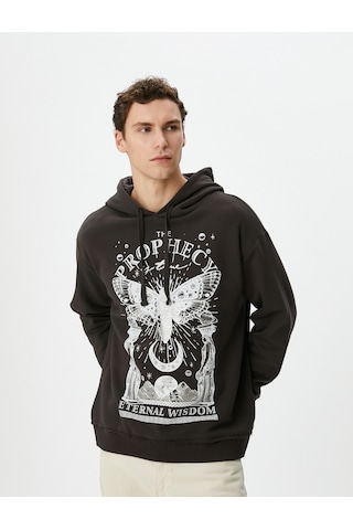 Koton Oversize Kapşonlu Sweatshirt Mistik Baskılı Sloganlı Antrasit 4wam70365mk Antrasit