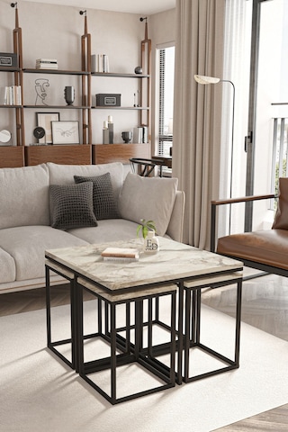 Lizbon 4+1 Kare Sehpa Takımı Siyah Metal - Beyaz Mermer Tabla