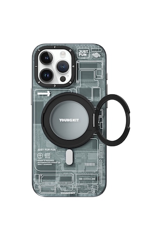 Apple Uyumlu iPhone 15 Pro Max Kılıf Magsafe Şarj Özellikli Youngkit 360 Standlı Technology Serisi Gri