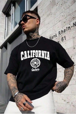 Hırsch Unisex Siyah California Baskılı Oversize T-shirt SIYAH
