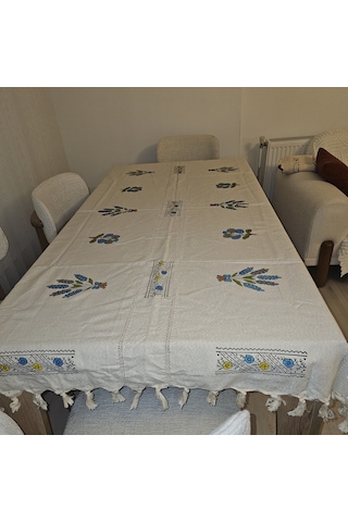 Desenli El Baskısı El Boyaması Masa Örtüsü 150x210 Beyaz