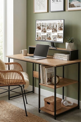 Vienna 2 Raflı Metal Ayak Çalışma Masası Laptop Masası Bilgisayar Masası 60x120cm Çam- Siyah Atlantik Çam