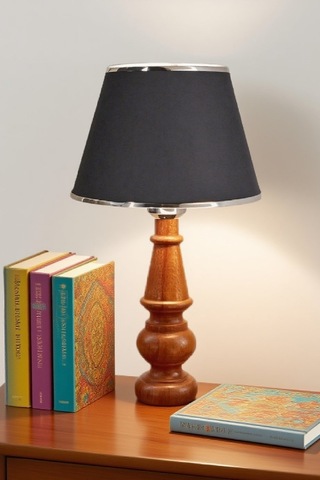 Ahşap Gövdeli Kumaş Başlıklı Dekoratif Abajur Masa Lambası Aydınlatma Lamba Gümüş