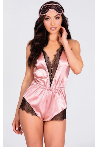 New Dreams Şık Danteli Uyku Gözlüklü Parlak Pembe Tasarım Elbise Gecelik Kombin Set Pembe