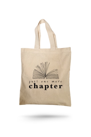 Lunora Collection Just One More Chapter Baskılı Gabardin Bez Çanta. Açık Krem
