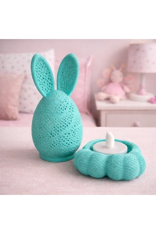 Tavşan Tealight Mumluk Dekoratif Tavşan Obje Renkli Tavşanlar Mum Hediyeli Paskalya Figür Mavi