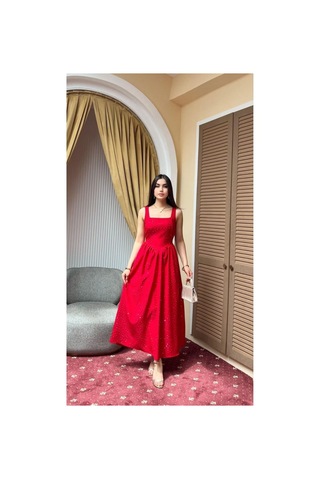 Moda Banuş Taş Baskılı A Kesim Bağcıklı Kırmızı Elbise-dar Kalıp