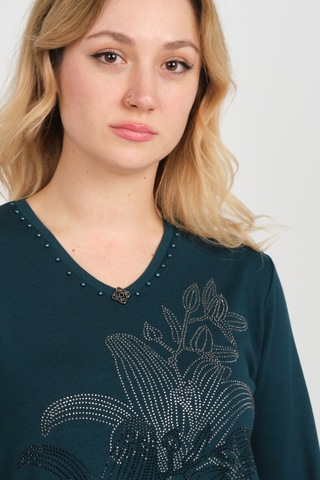 Detay Triko Kadın Önü Taş Süslemeli Yakası Boncuk Detaylı Uzun Kol Anne Bluz 5747 Zümrüt Zümrüt