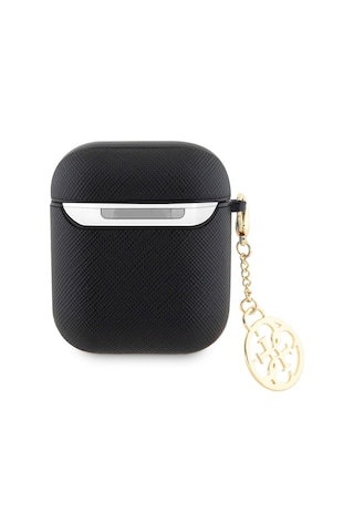 Apple Uyumlu AirPods Kılıf Guess Lisanslı Dokulu 4g Yuvarlak Süs Zincirli Saffiano Kılıf Siyah