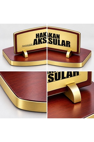 Bk Gift Kişiye Özel Ahşap Masa İsimliği Gold Plakalı Bk27 -5 Çok Renkli