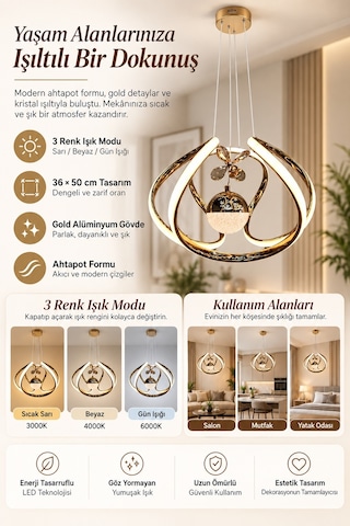 Ey-El Tasarım Ahtapot Tekli Gold 3 Renk Ledli Sarkıt Avize Gold