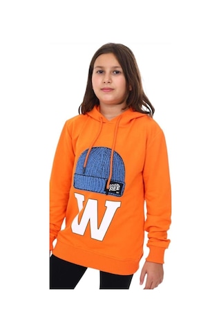 Çocuk Bere Baskılı Ve İşlemeli Kapüşonlu Sweatshirt-13410-turuncu Turuncu