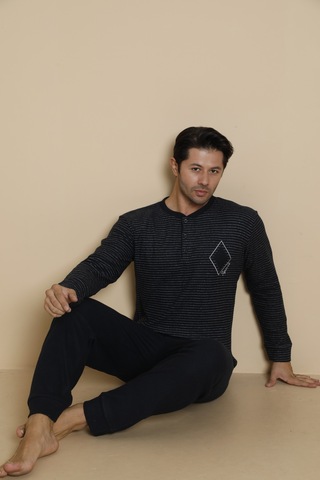 Falkon 7008 İnterlok Kışlık Çizgili Pijamalı Erkek Pijama Takımı Lacivert