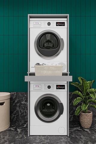Asra Trend Çamaşır ve Kurutma Makinesi Dolabı BD05 %100 MDF Çekmeceli Raf Koyu & Gri