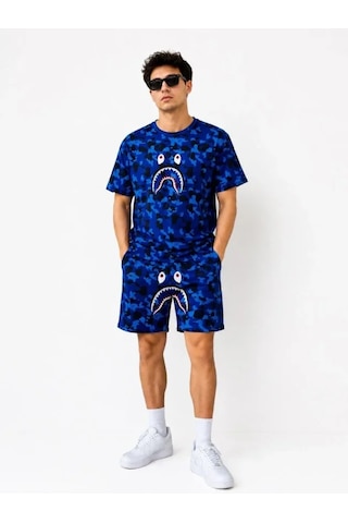 Efnaz Style Erkek Oversize Kalıp Pubg Bape X Shark Nakışlı Cepli Şort Takım - Mavi