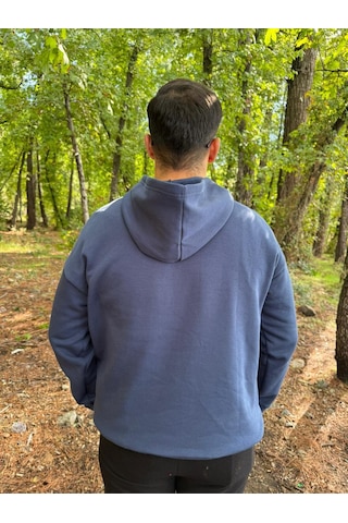 Erkek 3 İplik Basic Oversize Kanguru Cepli Kapüşonlu Sweatshirt Lacivert