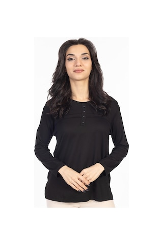 Yeni Sezon 2024 Sade Desen Yuvarlak Yaka Likralı Anne Penye Bluz 6484-siyah Siyah