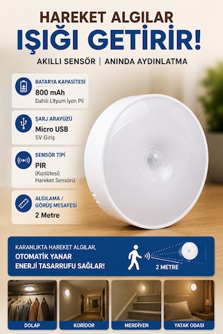 Hareket Sensörlü Şarjlı Dolap İçi Led Aydınlatma Lambası 6500k Kablosuz Manyetik Gece Lambası Beyaz