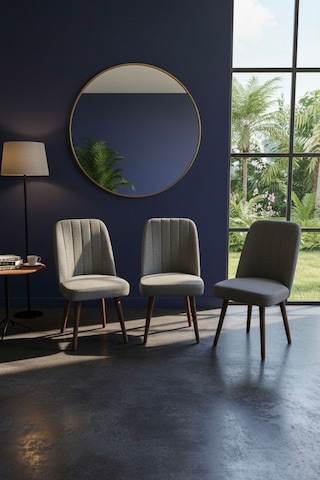 Nora 3 Adet Sandalye - Keten Kumaşlı Sandalye Modern Ahşap Ayaklı Yemek & Çalışma Sandalyesi Minimal Tasarım Gri