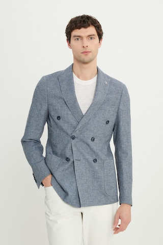 Erkek Indıgo Keten Slim Fit Dar Kesim Kırlangıç Yaka Flamlı Kruvaze Blazer Ceket Indıgo