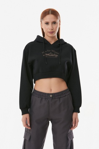 Fullamoda Baskılı Kapüşonlu Crop Sweatshirt- Siyah 24KGB890195453-Siyah