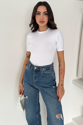 Noa & Noa Kadın Taş Detaylı Kısa Kollu T-shirt Beige Spark Beyaz