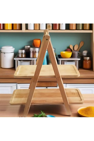 Bambu 2 Katlı Dikdörtgen Baharat Standı Doğal, Şık Ve Fonksiyonel Mutfak Düzenleyici 37 32 16 Cm Bambu