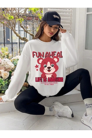Adrift Qutie Slogan & Cartoon Graphic Drop Shoulder Sweatshirt Beyaz Beyaz
