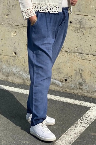 Mia Butik Büyük Beden İndigo Beli Lastikli Keten Pantolon Indigo