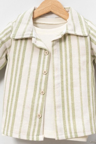 Yumuşak Doku Pamuklu Çizgi Detay Gömlekli Erkek Bebek Takım Yesil
