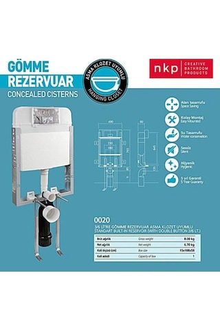 Nkp Gömme Rezervuar 3/6 Lt.8 Cm.mat Krom Buton.asma Klozet Uyumlu Beyaz - Mat Krom