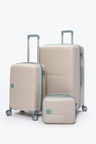 Elatae Exclusive Pro Polipropilen Kırılmaz 3'lü Valiz Seti Büyük - Kabin Boy Ve Makyaj Çantası Bej - Mavi 5239
