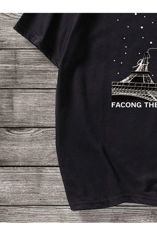 Erkek Siyah Oversize Nasa Baskılı T-shirt Siyah
