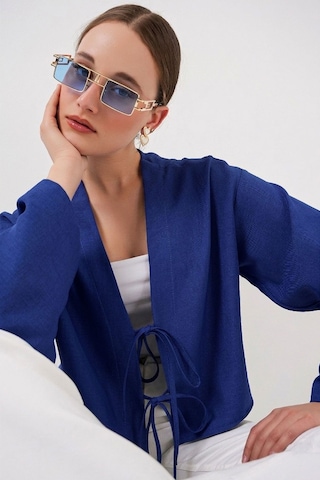 Hiccup Bdart Keten Karışımlı Bağlama Detaylı Uzun Kollu Kimono Kobalt Mavisi