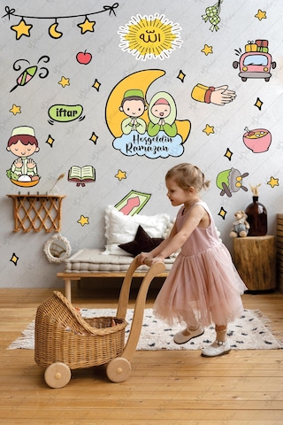 Hoşgeldin Ramazan Çocuk Odası Cam Duvar Sticker Seti Dua Eden Çocuklar Eğitici Ramazan Ayı Çok Renkli