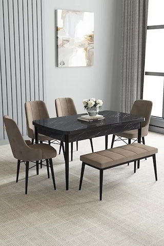 Loft Siyah Mermer 80x132 Açılabilir Mdf Masa Yemek Odası Takımı, Mutfak Takımı 4 Sandalye, 1 Bench Cappuccino