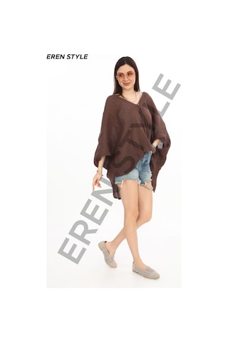 Eren Style Bohem Kuruvaze Tek Düğmeli Keten Bluz-9884 Kahverengi