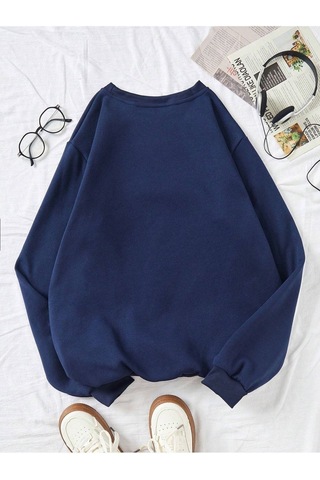 Brooklyn 1982 Sweatshirt - Lacivert Baskılı Oversize Bisiklet Yaka Lacivert